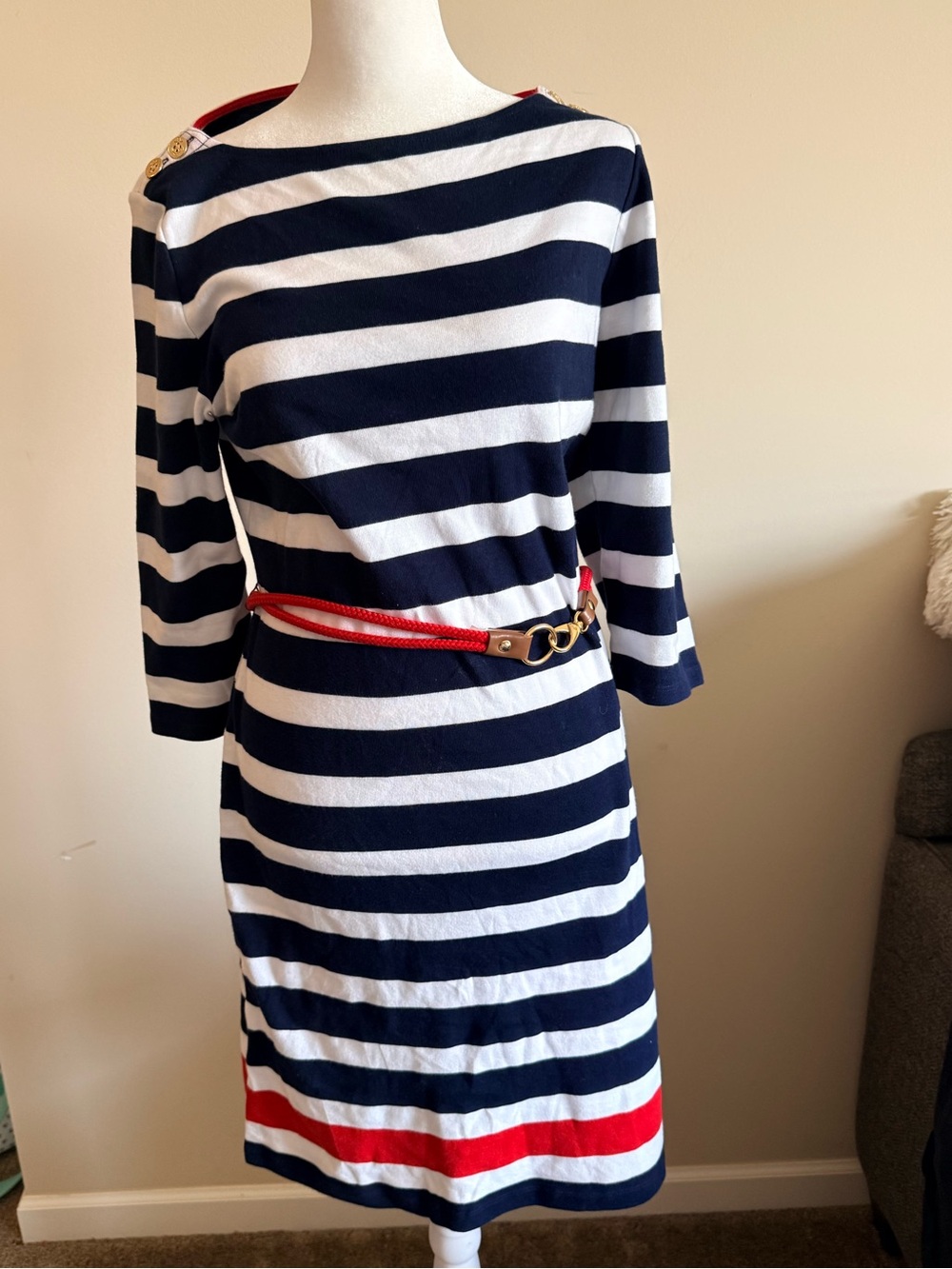 Ralph Lauren Navy and White Striped Boatneck Dress w  Red Accent nautical prep L